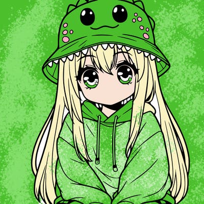 girl with anime shaped eyes with a dinosaur bucket hat oversized sweatshirt long straight hair