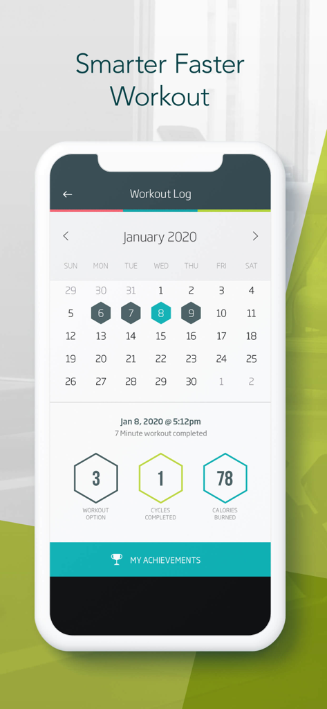 7 Minute Workout by C25K® - Pantalla de registro de la aplicación Seven Minute Workout que muestra un calendario y un resumen de las calorías quemadas y los ciclos completados.