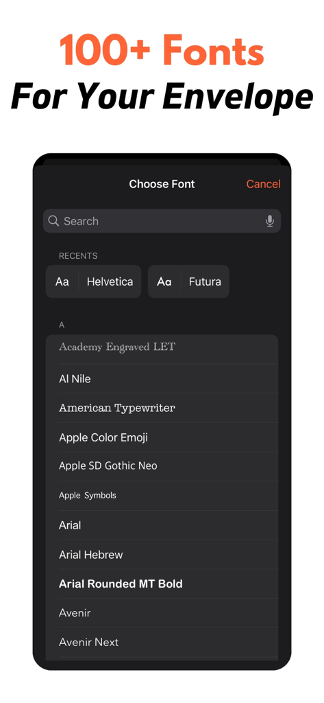 Envelope Printer: Label Maker - Mobile app screen showing a variety of font choices for customizing envelope addresses