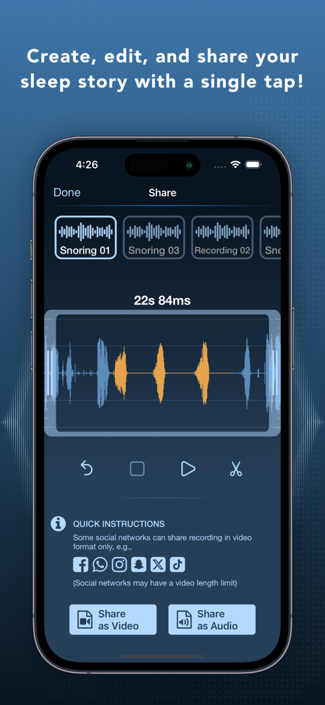 Prime Sleep Recorder Pro - Interface of Prime Sleep Recorder app showing audio editing and sharing options for a snoring recording