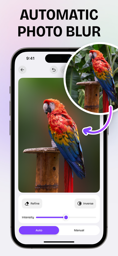 Blur Background: Photo Retouch - Captura de tela do iPhone mostrando o recurso de desfoque de fundo automático aplicado a uma foto de um papagaio