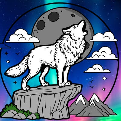 wolf on a cliff howling at a full moon
