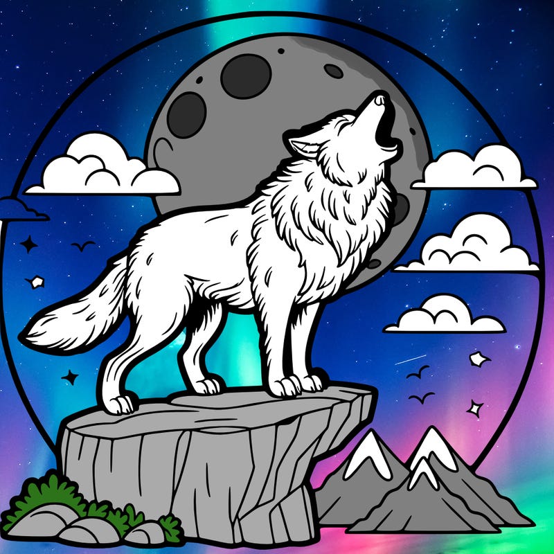 wolf on a cliff howling at a full moon