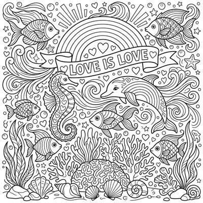 Immerse yourself in a beautiful underwater world celebrating love and diversity with this Marine Life Pride coloring page. Featuring charming sea creatures and a 'Love Is Love' banner, it's perfect for a creative and meaningful coloring experience.
