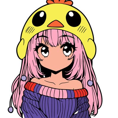 anime girl with chick shaped hat with sweater with bare shoulders with bangs covering them one eye with low tail