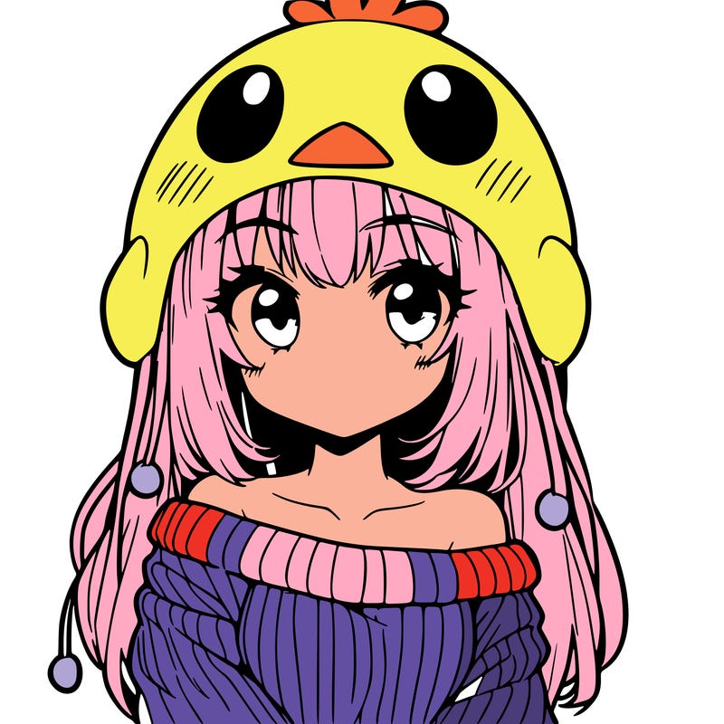 anime girl with chick shaped hat with sweater with bare shoulders with bangs covering them one eye with low tail