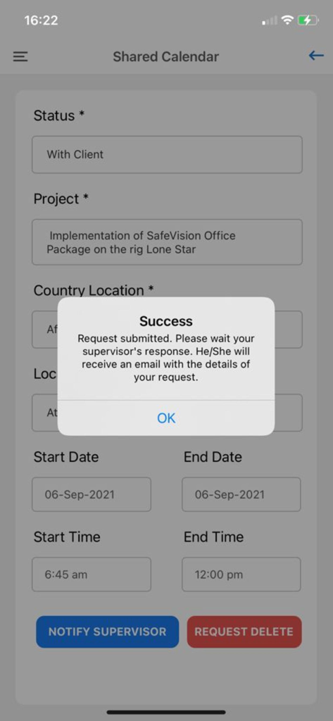 Pop-up de sucesso para uma solicitação enviada na tela do calendário compartilhado do Safelink App