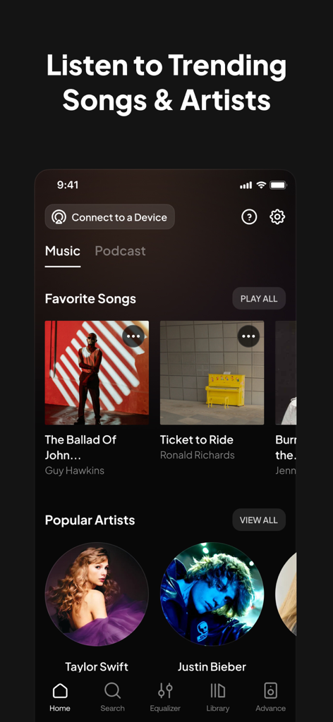 Speaker & Headphones Connect - Captura de pantalla de la interfaz de la aplicación Speaker and Headphones Connect mostrando canciones y artistas populares