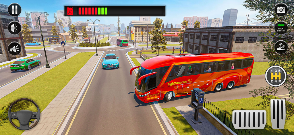 US Public Bus Simulator Driver - A red coach bus driving through a 3D city street in US Public Bus Simulator Driver showing on screen controls like a steering wheel and gear shifter.