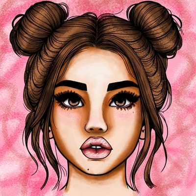 realistic girl with two buns on her hair and lips