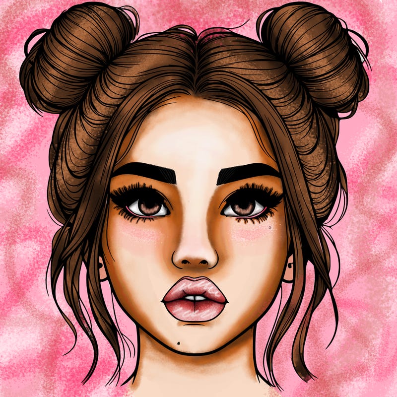 realistic girl with two buns on her hair and lips