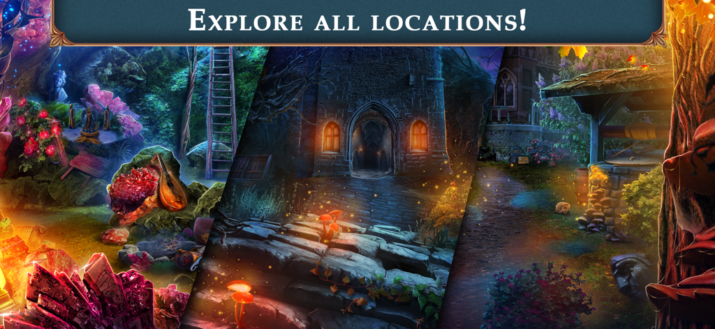 Royal Romances Forbidden Magic - Un collage montrant trois environnements de jeu magiques, y compris une grotte de cristal lumineuse et une mystérieuse entrée de château en pierre.