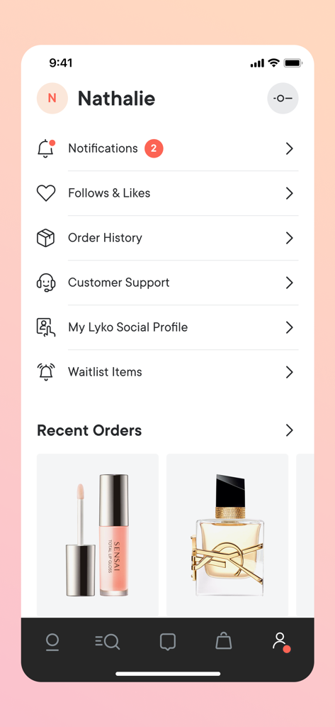 Lyko app user profile interface showing account settings like notifications, follows, likes, and recent orders of beauty products.