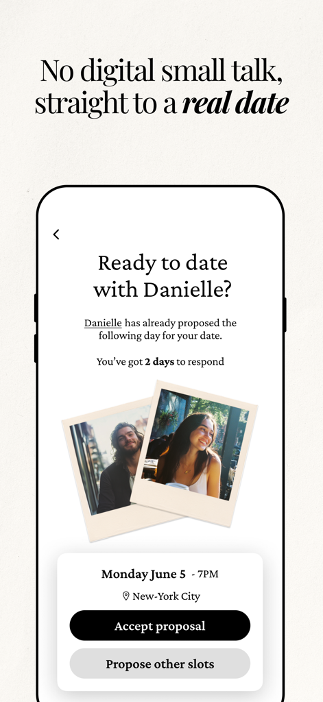 Interface de l'application Amata montrant une proposition de rendez-vous avec un partenaire et des options de planification à New York
