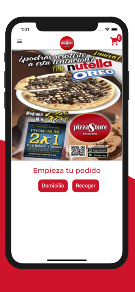 PizzaStore - Startbildschirm der PizzaStore Mobile App, der eine Nutella- und Oreo-Pizza-Aktion mit Optionen für Lieferung und Abholung anzeigt.