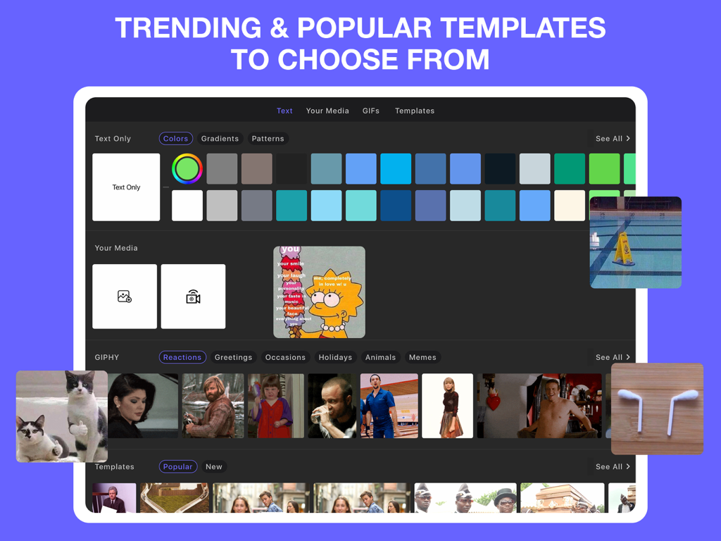 iPad interface of a meme maker app showing a library of trending templates and GIFs