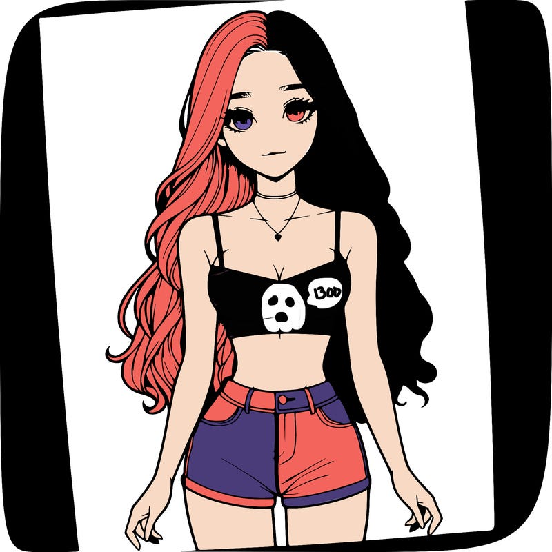 a realistic girl with long hair and in a crop top and shprts