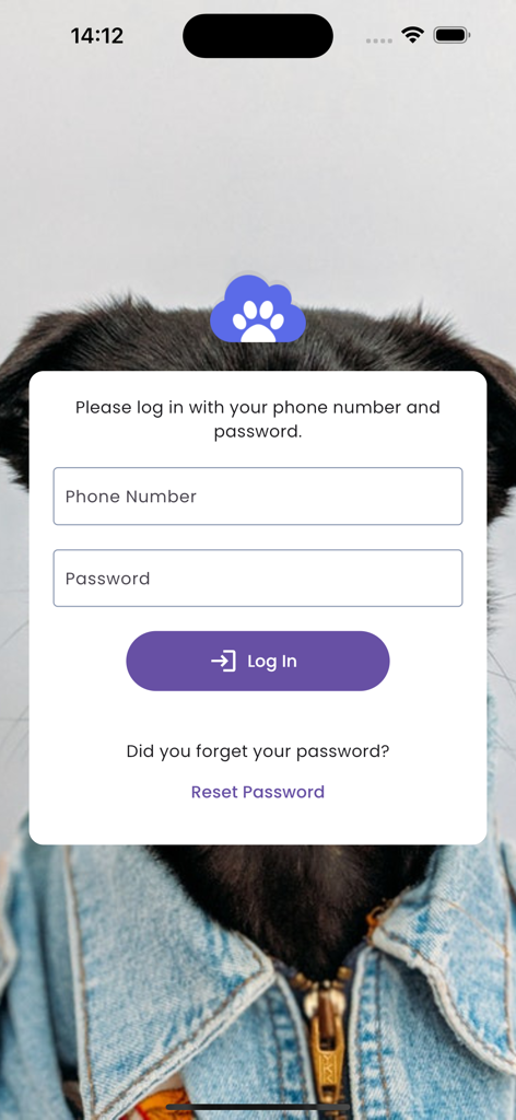 Veterian - Pet Health & Care - Veterianペット健康管理アプリのログイン画面。電話番号とパスワードのフィールドがあり、犬の背景が表示されています。
