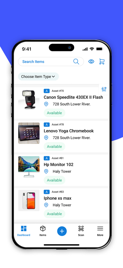 EZO - Mobile Ansicht der EZO-App, die eine Liste der verfolgten Geschäftsassets einschließlich ihres Standorts und Status anzeigt