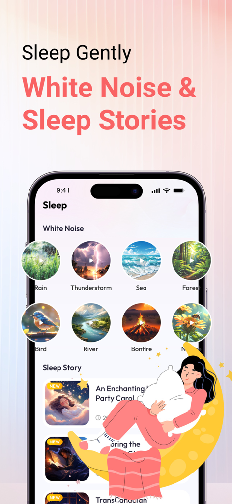 My Pulse app screen showing white noise options like rain and sea and sleep stories with a woman sleeping on a moon illustration.