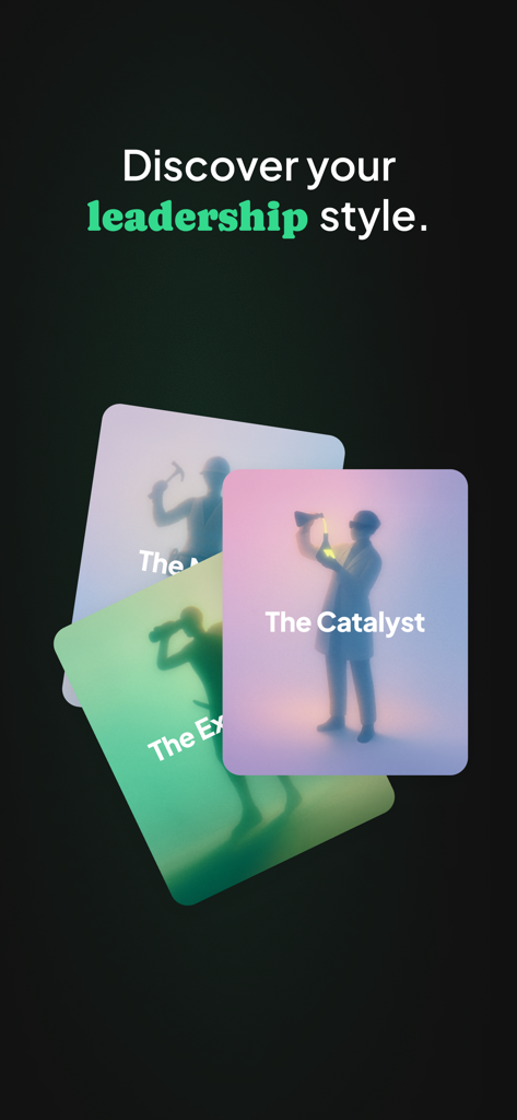 Bunch - Daily Leadership Coach - A screen from the Bunch app prompting users to discover their leadership style through archetype cards like The Catalyst.