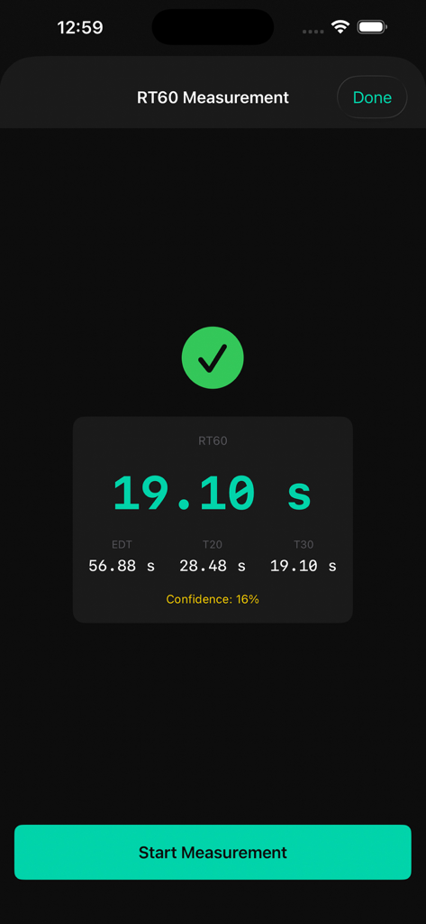 RT60 reverberation time measurement results displayed on the SPL Meter app interface.