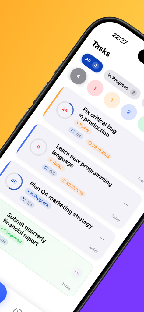 TaskSteps: To Do List & Focus - Mobile interface of TaskSteps showing a list of professional tasks with progress circles and status labels