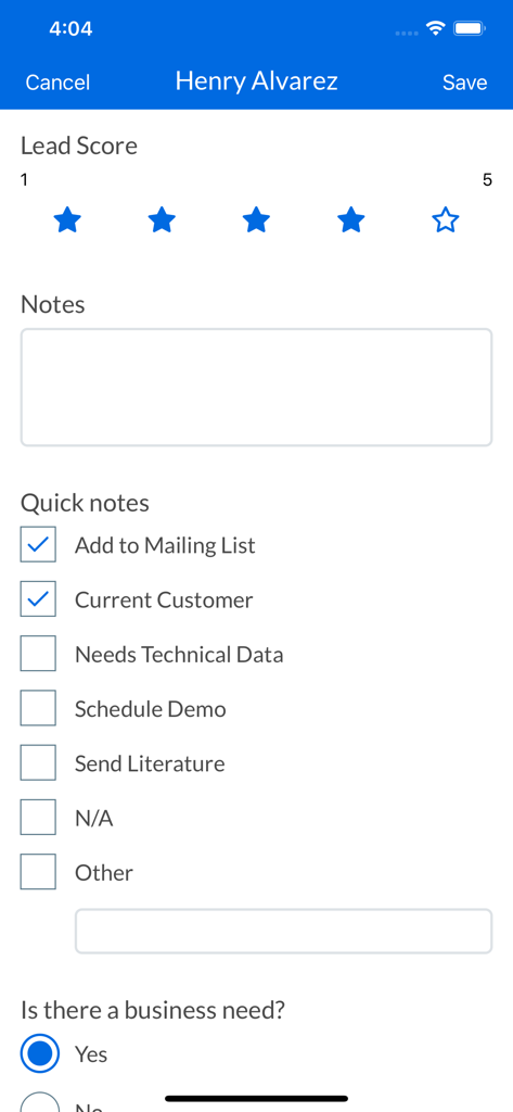 Cvent LeadCapture - Mobile interface for lead scoring with a five star rating system and quick notes checklist for qualifying booth visitors.