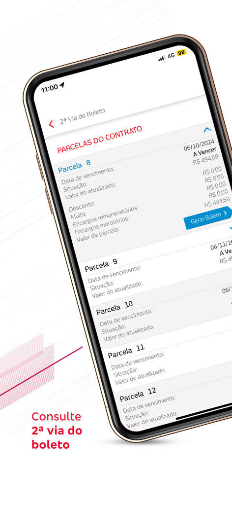 Tela do app Bradesco Financiamentos exibindo as parcelas do financiamento e o botão para gerar boleto bancário.