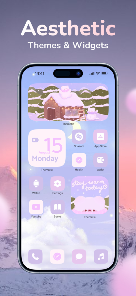 Thematic - Top Color Widgets - iPhone home screen customized with a purple winter aesthetic theme and widgets from the Thematic app