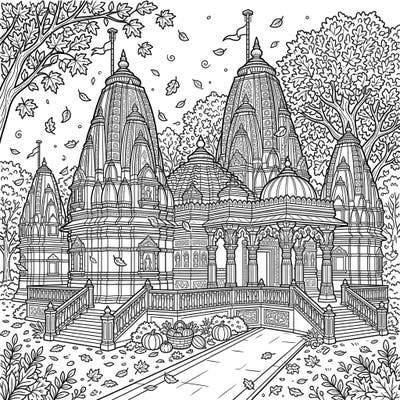 Journey to a serene world with this beautiful coloring page featuring majestic Jain Temples nestled within a vibrant autumn landscape. Observe falling leaves, bountiful harvest elements, and intricate architectural details awaiting your creative touch.