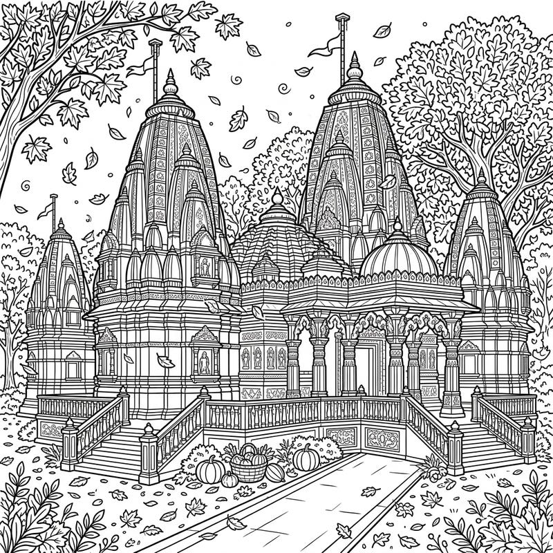 Journey to a serene world with this beautiful coloring page featuring majestic Jain Temples nestled within a vibrant autumn landscape. Observe falling leaves, bountiful harvest elements, and intricate architectural details awaiting your creative touch.