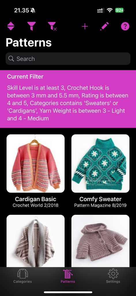 Crocheting Patterns Lite - Una biblioteca de patrones de ganchillo filtrada por las categorías de suéteres y cárdigans en la aplicación