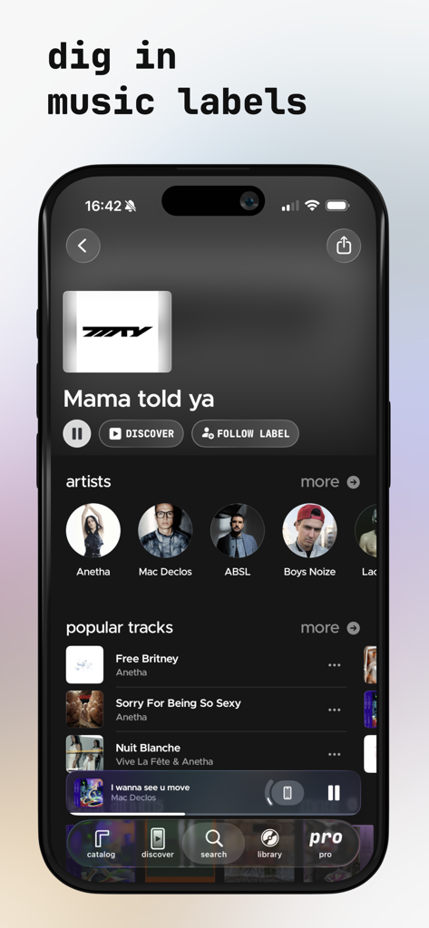 Carbon - Electronic Music - Carbon電子音楽アプリのインターフェース。音楽レーベルページにアーティストと人気トラックのリストを表示。