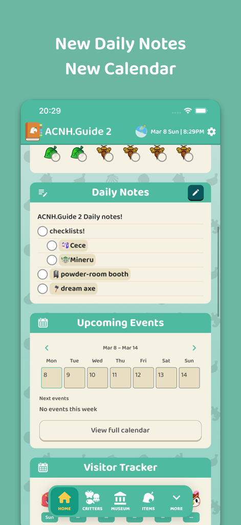 Screenshot of the ACNH Guide app interface showing daily notes, checklists, and an upcoming events calendar.