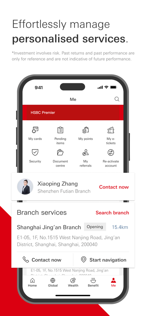HSBC China - Capture d'écran de l'application bancaire mobile HSBC Chine montrant des services de compte personnalisés, des emplacements d'agences et des options de contact.