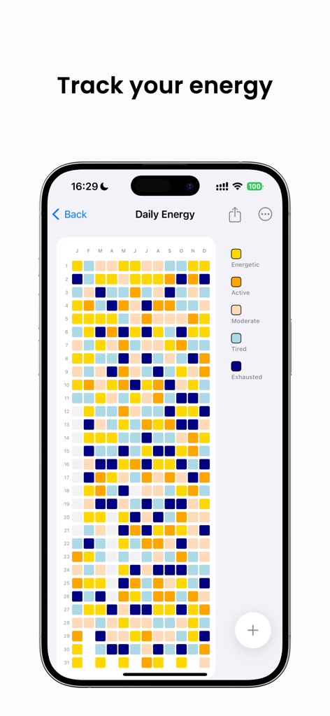 My Year in Pixels - CLY Pixel - Daily energy tracker in My Year in Pixels app showing a yearly grid of colored mood pixels.