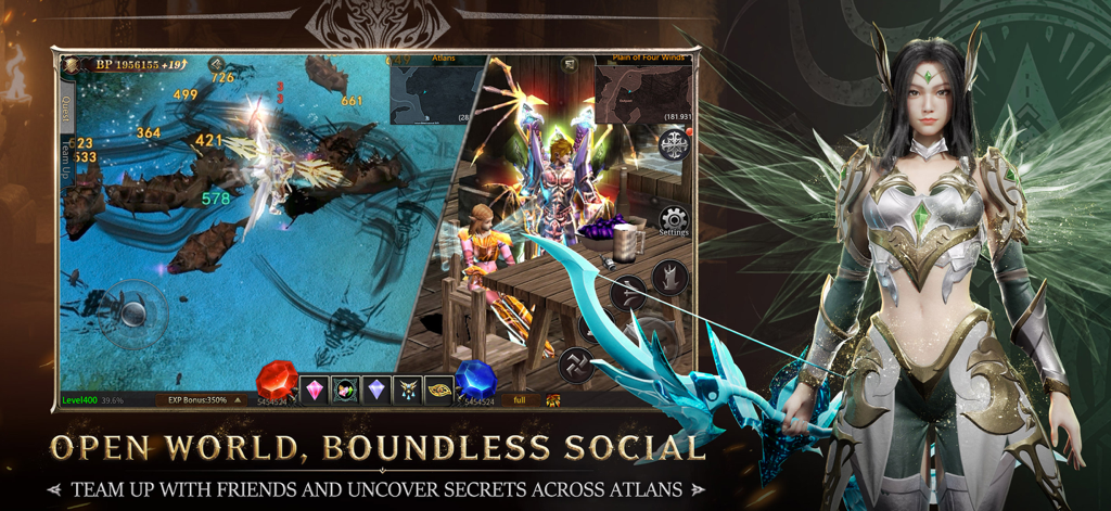 MU Immortal - Gameplay de MU Immortal mostrando un personaje Elfo con alas e interacciones sociales en Atlans.