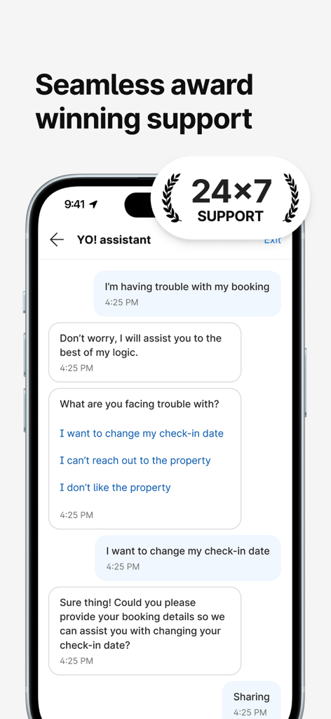 OYO: Hotel Booking App & Deals - OYOアプリのチャットアシスタントを24時間年中無休のカスタマーサポートで表示するスマートフォンの画面。
