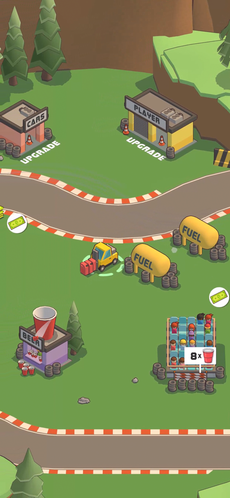 Car Speed Racing - Idle Tycoon - Isometric view of a race track with upgrade buildings fuel stations and a beer stand in Car Speed Racing Idle Tycoon