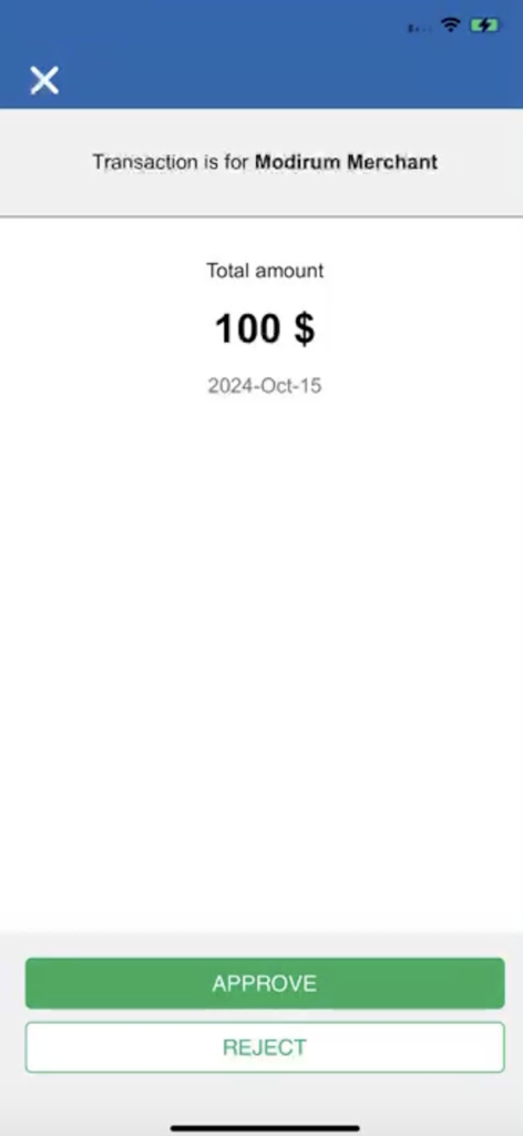 OB Authenticator - Tela do OB Authenticator para aprovar ou rejeitar uma transação de 100 dólares