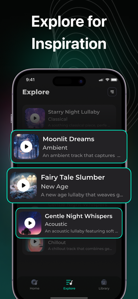 AI Song & Music Maker-SongLab - SongLab app interface displaying a list of AI-generated music tracks in the explore tab.