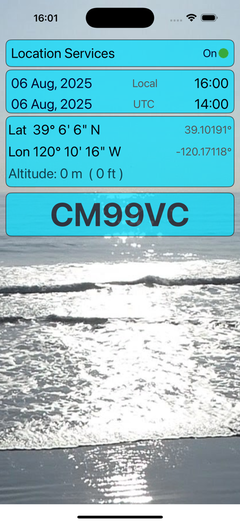 Screenshot of Easy QTH Locator app displaying the Maidenhead grid locator CM99VC and GPS coordinates.