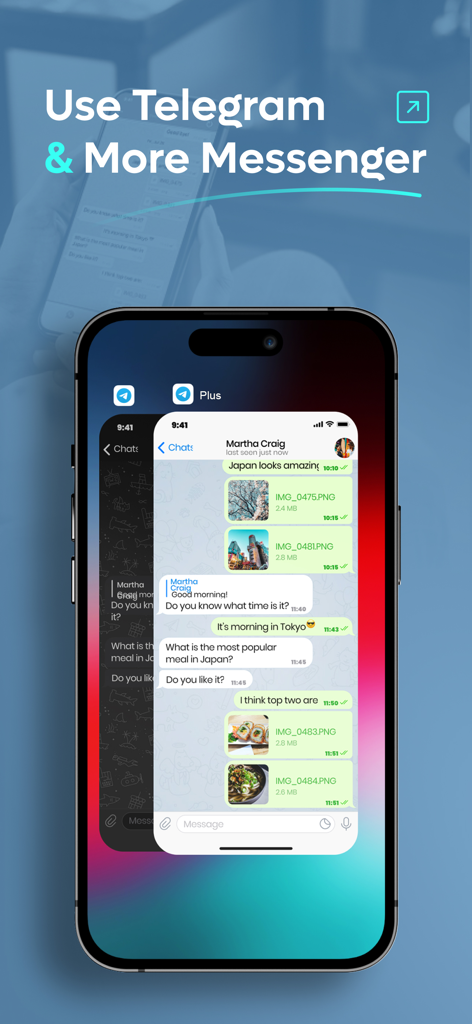 Plus: Dual Messenger for iPad - Interfaz de la aplicación Plus Dual Messenger mostrando una conversación de chat de Telegram con imágenes y texto en la pantalla de un smartphone