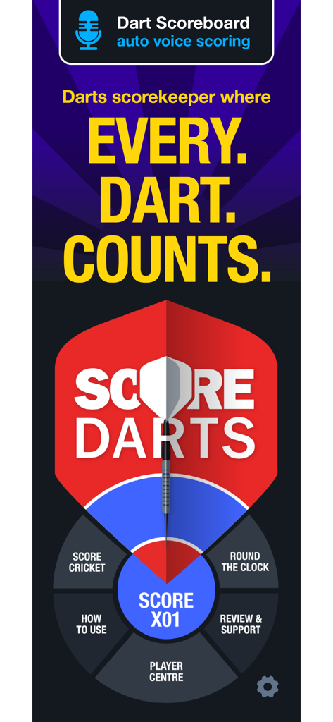Score Darts app main menu showing game modes like X01 and Cricket with auto voice scoring feature
