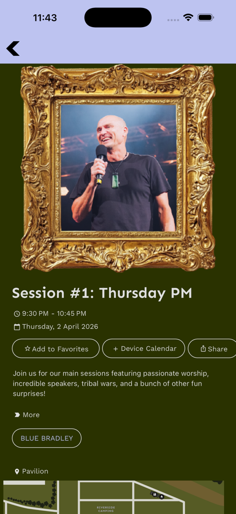 Northern Easter Camp - Session details screen for Blue Bradley at Northern Easter Camp 2026