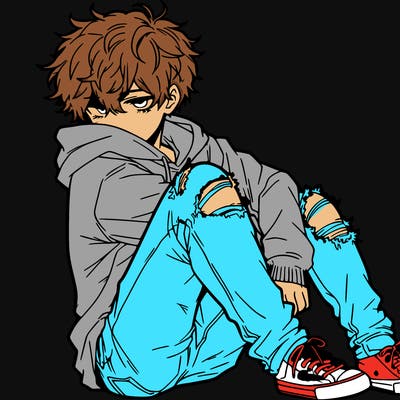 a male hoddie ripped jeans messy hair anime