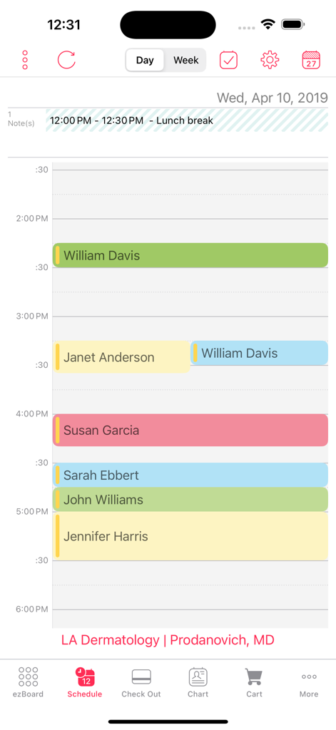 EZDERM - Daily patient appointment schedule view in the EZDERM mobile app