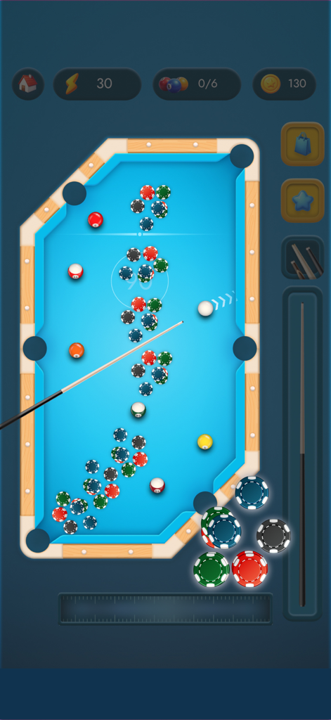 Captura de tela da jogabilidade do 8 Balls Pool Billiards mostrando um layout exclusivo de mesa octogonal com bolas de bilhar e fichas de pôquer.
