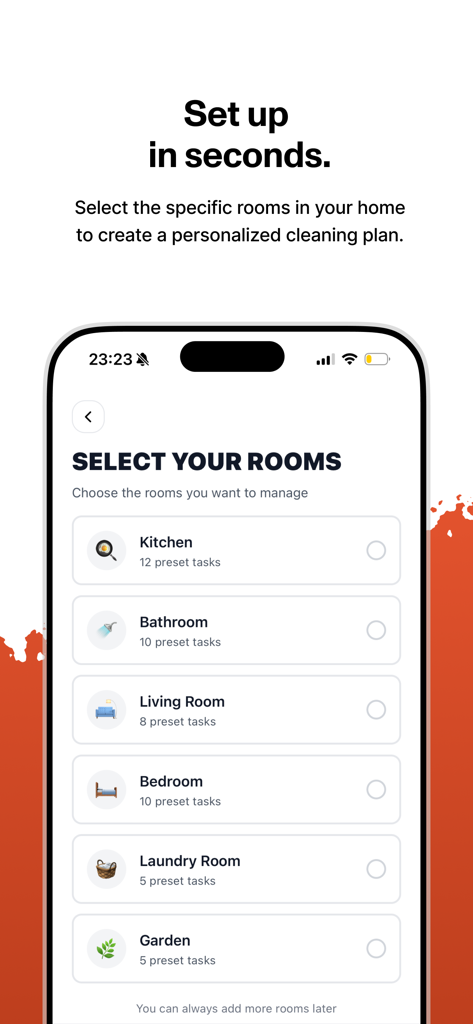 Howe: Cleaning Schedule - Howe cleaning schedule app room selection screen for personalized chore planning